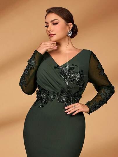 Serin 加大码优雅奢华绿色蕾丝串珠贴花透明长袖褶饰美人鱼下摆弹力针织连衣裙，适合婚礼、派对、度假、舞会、晚礼服、新娘母亲