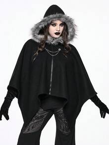 ROMWE EDITION 加大码女式哥特式不对称下摆连帽斗篷夹克，带毛领，适合万圣节、冬季 - 黑色 - 查看 3