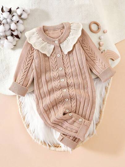 Infant/Baby Girl Ruffled Collar Long Sleeve Knitted Romper, Suitable For Outdoor, Indoor, And Travel, Spring/Autumn/Winter Fall