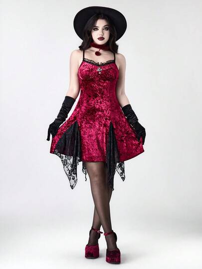 Goth Vestido de camisola de terciopelo con símbolo de cruz Ankh, adorno de encaje y contraste de color en estilo retro gótico y palaciego para mujer