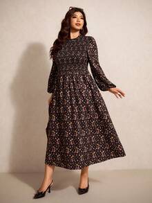 Elaquor Plus Size Elegant Minimalist Modern Urban Fashion Print Shirred Fitted Long A-Line Dress, Black, Autumn/Winter New Arrival Wedding Dress For Women - Multicolor - View 4
