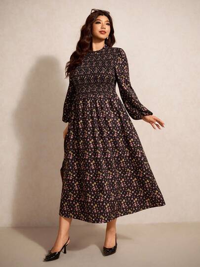 Elaquor Plus Size Elegant Minimalist Modern Urban Fashion Print Shirred Fitted Long A-Line Dress, Black, Autumn/Winter New Arrival Wedding Dress For Women