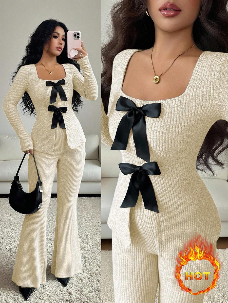 Elenzga 女士优雅云朵绒罗纹蝴蝶结领长袖收腰上衣和喇叭裤两件套 - 杏色 - 查看 1