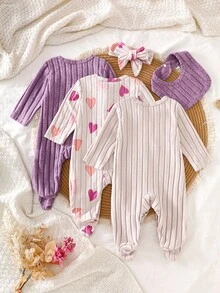 3pcs/Set Newborn Infant Cozy Ribbed Fleece Heart Print Pajamas, Comfortable & Fashionable Casual Homewear, Suitable For Spring & Autumn - Multicolor - View 2
