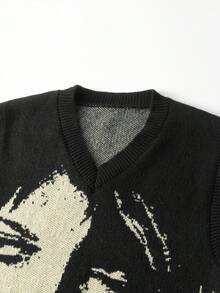 Manfinity CasualKnits 男士休闲V领图案针织背心，秋冬 - 黑色 - 查看 3