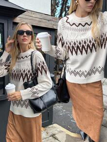 Elyressa 女式休闲费尔岛图案插肩袖宽松针织毛衣，秋冬 - 杏色 - 查看 1