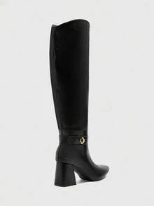 CUCCOO BIZCHIC Botas altas de tacón grueso y puntera puntiaguda de color negro para mujer, versátiles para ir al trabajo, uso diario, compras, fiestas, otoño/invierno - Negro - Ver 8