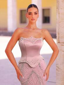 Glamrae 优雅奢华的迷人亮片和钻石串珠缎面美人鱼尾裙，带拖尾，适合婚礼、派对、度假、庆典、正式活动（重度装饰） - 藕粉色 - 查看 3