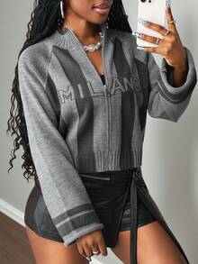 Slaydiva Cárdigan holgado y versátil con bloque de color y letras jacquard, estilo casual para mujer, otoño/invierno - Gris - Ver 5