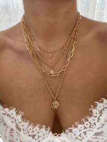 SHEIN X Lucía Bellido SHEIN SXY 花朵细节圆形吊饰多层项链 情人节、妈妈、母亲、母亲节、礼物