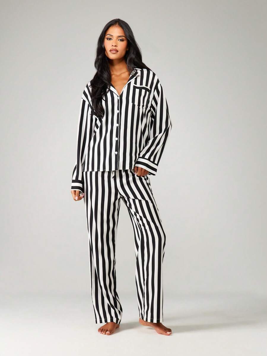 MISSGUIDED Bộ đồ ngủ tay dài cài nút kẻ sọc có cổ áo cổ điển sọc dọc đen trắng đồ ngủ mặc nhà bộ sưu tập thu đông vừa vặn thoải mái - Đen và trắng - Xem 1