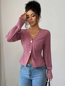 Elenzga Women's Elegant Casual Chic Burgundy Cloud Velvet Ribbed Pearl Button Cardigan, Stylish V-Neck Slim Fit Sophisticated Autumn Everyday Wear Long Sleeve T-Shirt