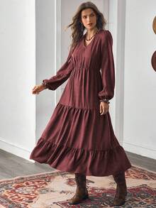LanaWest 女式秋季波西米亚休闲度假风格锈棕色设计V领长袖拼布连衣裙 - 中紫紅色 - 查看 5