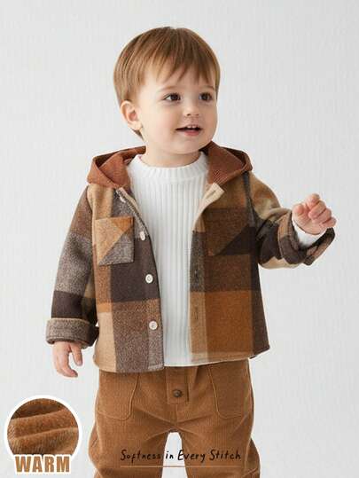 Cozy Pixies 男婴格子图案撞色连帽长袖套头衫，格子衬衫，男婴格子衬衫，适合秋冬季，返校季，休闲舒适，男婴休闲装，男婴深棕色衬衫，连帽衬衫，男婴连帽上衣，舒适百搭的基本款，带有可爱的图案，适合室内、户外滑雪、日常穿着、运动、玩耍、派对、拍照、度假，男婴上衣