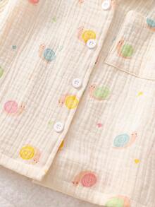 2pcs Girls Snail Element Cotton Gauze Long Sleeve Top And Pants Casual Comfortable Pajama Set Fall Winter - Multicolor - View 4