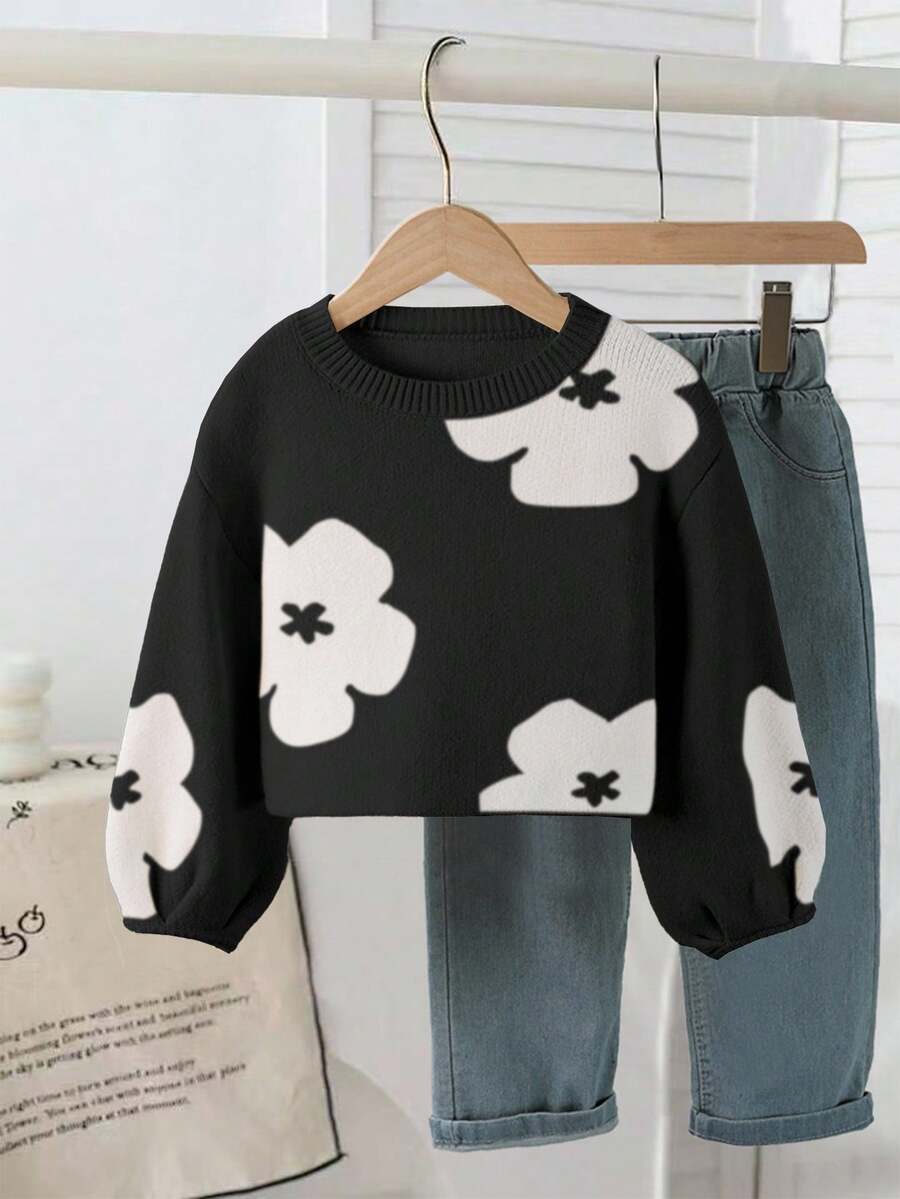 Suéter Casual de Gola Redonda com Estampa Floral para Meninas Jovens, Adequado para Uso Casual, em Casa, Reuniões, Volta às Aulas, Inverno, Natal, Halloween, Outono - Preto e Branco - Visão 1