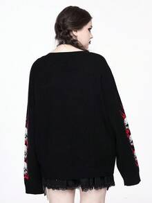 ROMWE Gothic Christmas Holiday Skull & Demon Pattern Jacquard Knit Plus Size Sweater For Women - Multicolor - View 3