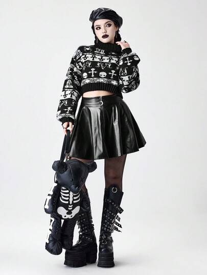 Goth Christmas High Neck Dark Gothic Ankh & Mythical Beast Jacquard Knit Pullover Sweater For Women