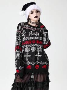 ROMWE Christmas Gothic Christmas Skeleton, Bat, Bull Head, Snowflake, Fair Isle Cross, Spider Web Eye Pattern Jacquard Loose Fit Women Sweater - Black and White - View 8