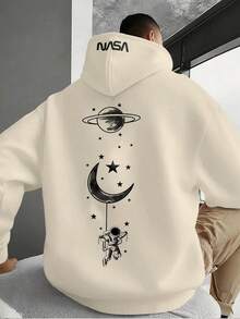 Manfinity Homme Plus Size Men Moon & Planet Graphic Print Drawstring Graphic Hoodie , Fall/Winter - Multicolor - View 3
