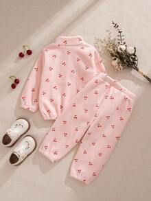 Souflis Souflis Baby Girl Pink Cherry Print Fleece Half Zip Sweatshirt Pants Set, Infant Fall Winter 2Pcs Outfit, Toddler Cute Cozy Clothes - Pink - View 3