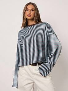 SHEIN BAE Casual Everyday Contrast Stripe Loose Fit Drop Shoulder T-Shirt Striped Top Striped Oversized Striped Top Stripe Long Sleeve Striped Striped Striped Long Sleeve Top,Fall Tops, Spring/Autumn,Going Out Tops, Simple Tops, Fashion Tops,,T Shirts Women,Oversized T Shirt,Old Money Style Women