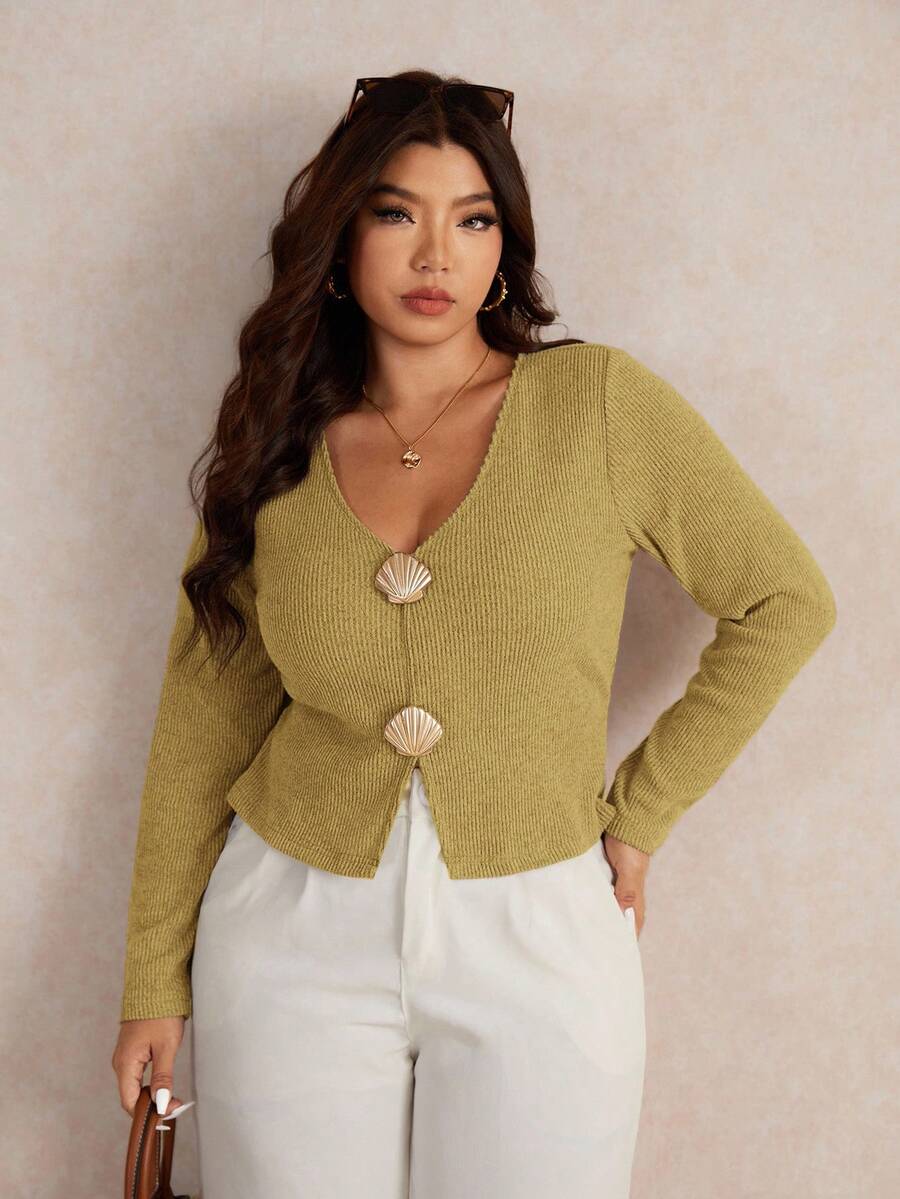 Elaquor Plus Size Women Casual Basic Versatile Urban Chic Metal Buckle Decor Elastic Ribbed V-Neck Solid Color Long Sleeve T-Shirt, Autumn - Yellow - View 1