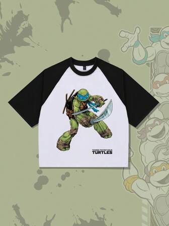 TEENAGE MUTANT NINJA TURTLES X ROMWE T-shirt ample d'été pour hommes, style décontracté et , avec graphique de tortue et lettres en contraste de couleurs, manches raglan
