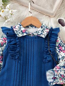 SHEIN 2件套少女花卉印花长袖衬衫裙和荷叶边背带裙 - 藍色 - 查看 4