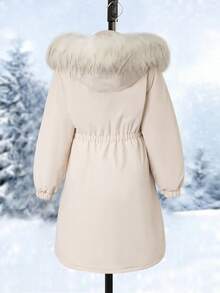 SHEIN 青少年斜口袋休闲时尚收腰宽松中长款女童可拆卸毛领夹棉大衣，百搭外套 - 米色 - 查看 2