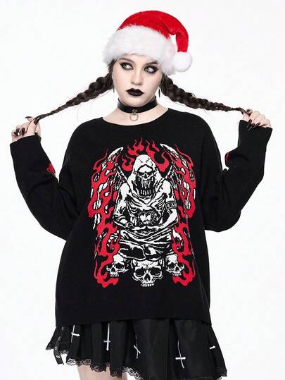 Goth Suéter de punto jacquard con estampado de calavera y demonio de talla grande para mujer, estilo gótico navideño