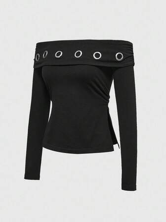 Grunge Punk Camiseta asimétrica con hombros descubiertos, estampado gráfico de metal, subcultura grunge Y2K para mujeres