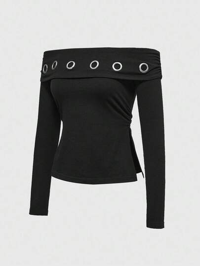 Grunge Punk Grunge Y2K Subculture Metal Graphic Asymmetric Hem Cutout Off Shoulder T-Shirt For Women