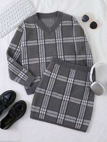 Tween Girls Sweater Co-Ords, Chunky Knit Plaid Detail 2 Pieces Set, Super Stylish Elegant V-Neck Long Sleeve Pullover Sweater Paired With Fashionable Fitted Mini Skirt, Autumn/Winter