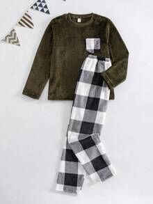 Ensemble de pyjama à manches longues avec poche et motif à carreaux blocs de couleurss pour garçons, automne/hiver