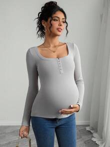 SHEIN Pregnant Women's Casual Comfortable Loose Crew Neck Long Sleeve T-Shirt - Grey - View 4