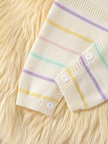 SHEIN Barboteuse à rayures colorées en tricot à manches longues pour bébé fille, style Y2K, convient pour le quotidien, les sorties et la garderie, printemps/automne/hiver - Multicolore - Voir 3