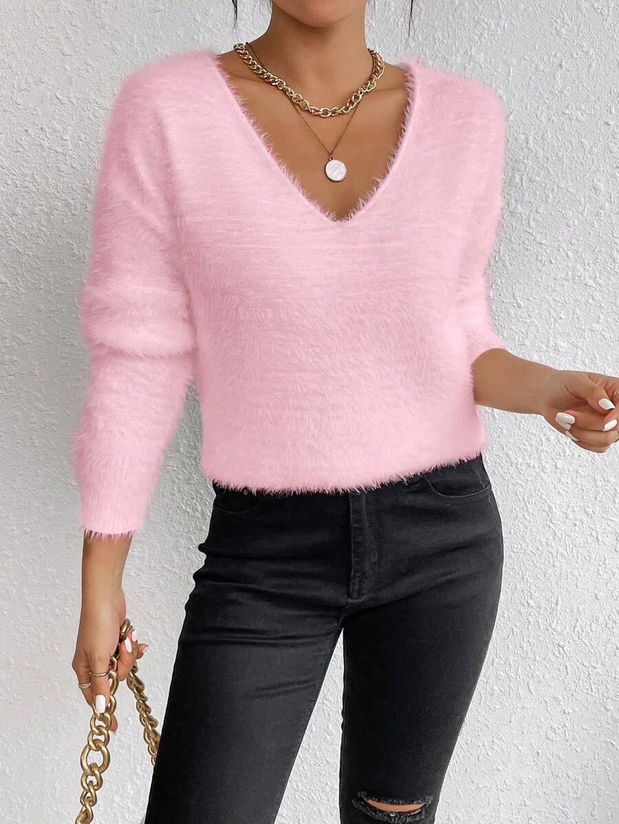 EMERY ROSE White V-Neck Casual Soft Knit Sweater, Long Sleeve Pullover Top, Autumn/Winter - Baby Pink - View 1
