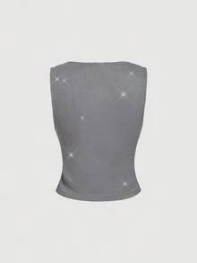 SHEIN MOD Women's Casual Fashionable Street Metallic Shiny Ruched Fitted Shimmer Gray Sleeveless Top,Birthday, Casual Top, Honeymoon,Graduation Top,Wedding Guest Top Women,Vacation,Flowy Top,Party Top,Christmas Party,New Year,Sparkly Top, Metallic Top,Thanksgiving,Y2K - Silver - View 3
