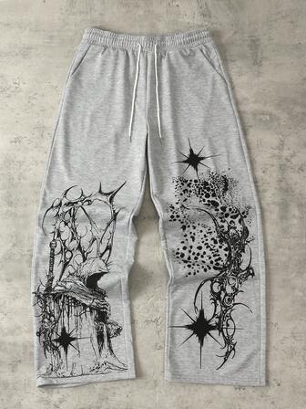 Men Elastic Waist Drawstring Casual Gothic Versatile Gray Printed Sweatpants, Retro Street Style, Fall