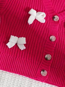 SHEIN Girls' Cute Knitted Cardigan, High-Quality Butterfly 3D Decor, Rose Red, White Bow Handmade, Soft & Comfortable, Warm For Autumn/Winter