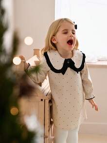 SHEIN 黑白撞色女婴荷叶边领蝴蝶结波点印花长裙，甜美优雅秋冬户外装 - 彩色 - 查看 7