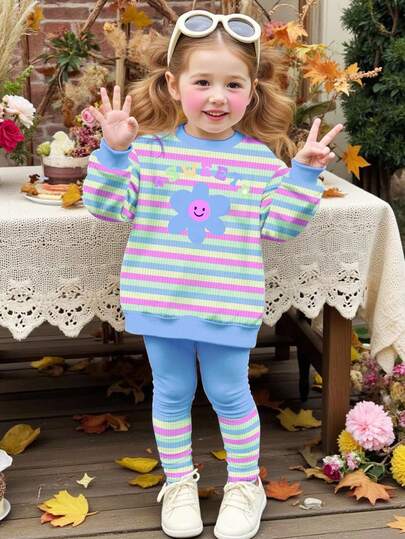 SHEIN Baby Mädchen Lässig Gestrickter Weicher Dicker Rundhals Langarm Sweatshirt und Leggings Set, geeignet für Outdoor-Picknick, Street-Style, Zuhause und Campus, Herbst/Winter