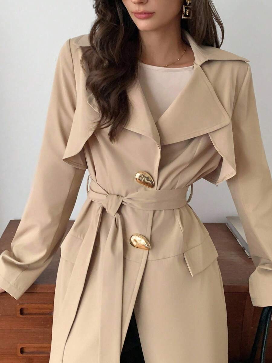 Elyressa 淑女编织优雅秋季风衣 - 卡其色 - 查看 1