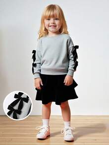 Maija Kids 女童针织纯色蝴蝶结装饰短款卫衣和荷叶边迷你裙套装，女童黑色荷叶边裙，黑色套装，黑色多层裙，秋冬季 - 灰色 - 查看 3