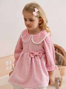 SHEIN Baby Girl Houndstooth Print Peter Pan Collar Cute Dress, Spring/Autumn - Pink - View 6