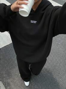 SHEIN EZwear 女式黑色休闲宽松连帽衫和运动裤两件套，保暖内衬，秋冬 - 黑色 - 查看 6