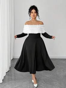 Elenzga Gaun Wanita Ukuran Besar dengan Motif Bunga 3D Blok Warna - Hitam dan Putih - View 4