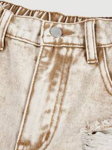 SHEIN Girlism Y2K 垃圾朋克女童宽松破洞星星拼色撞色阔腿男友牛仔裤，校园风，街头风 - 卡其色 - 查看 3