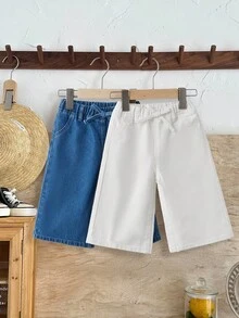 SHEIN 女宝宝两件套可爱白色和蓝色牛仔宽松舒适直筒裤，春夏休闲度假乡村波西米亚风穿搭，海滩装扮，西部街头风，春假，锐舞音乐节牛仔中筒裤，毕业典礼，度假 - 彩色 - 查看 1